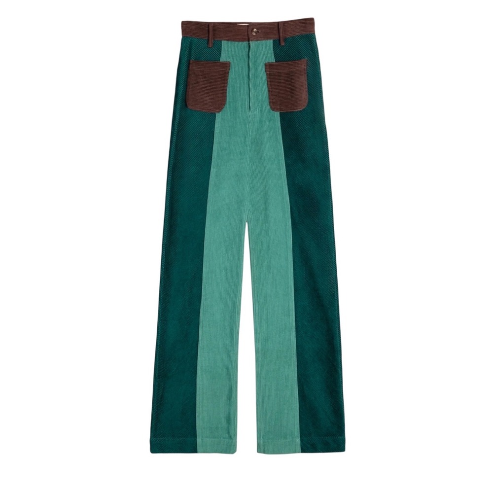 Sveti Stefan Green Colorblock Corduroy Wide Leg High Rise Trousers Size US 4 - Picture 6 of 10